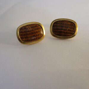 Vintage Brown Croc Leather Gold Tone Cufflinks Classy Mens Jewelry
